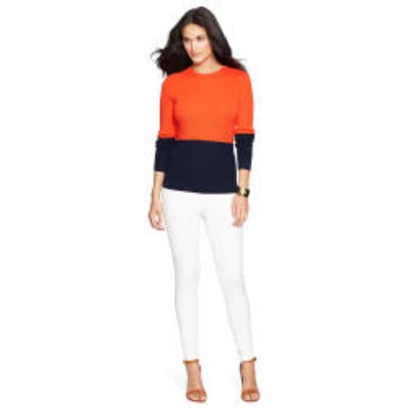 Ralph Lauren Orange & Navy Color Block Rib Knit Sweater - Picture 1 of 4
